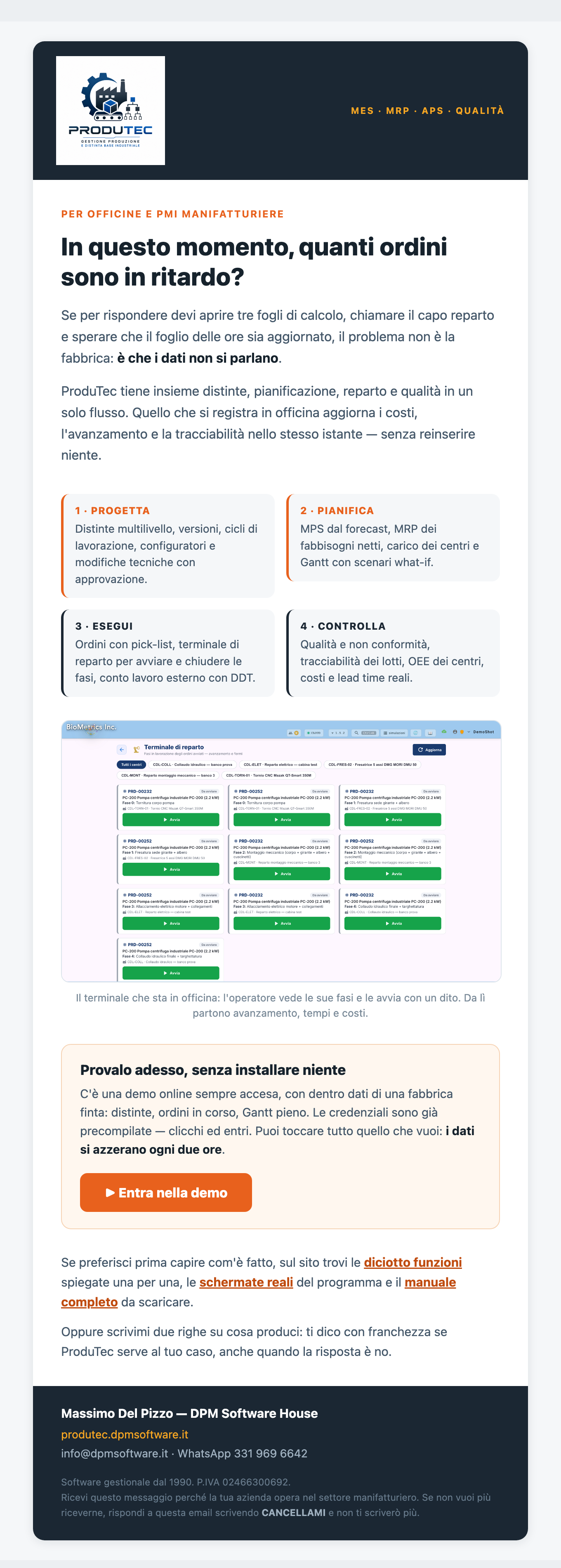 Una campagna grafica spedita con MailPilot: intestazione a colori, riquadri, schermata del software e pulsante di invito