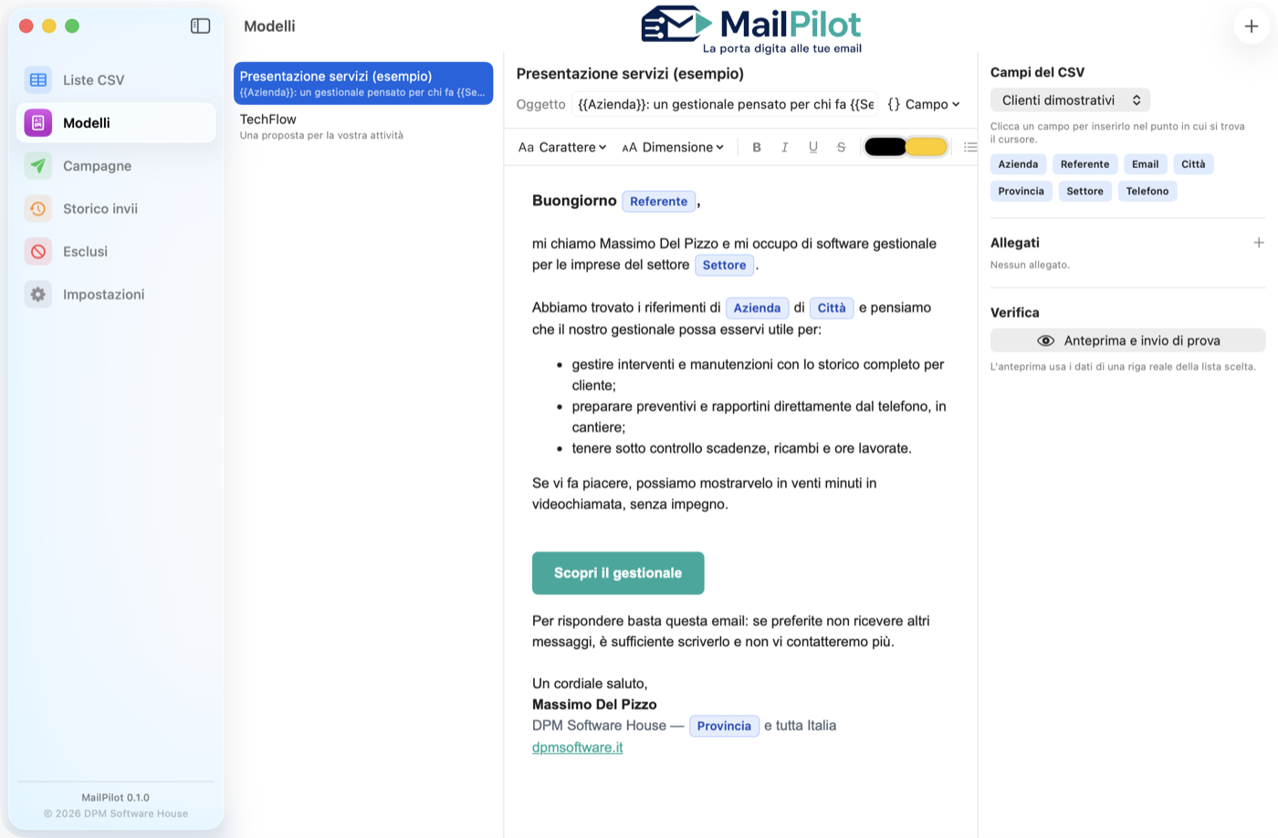 L'editor dei modelli con i campi del CSV inseriti come banner